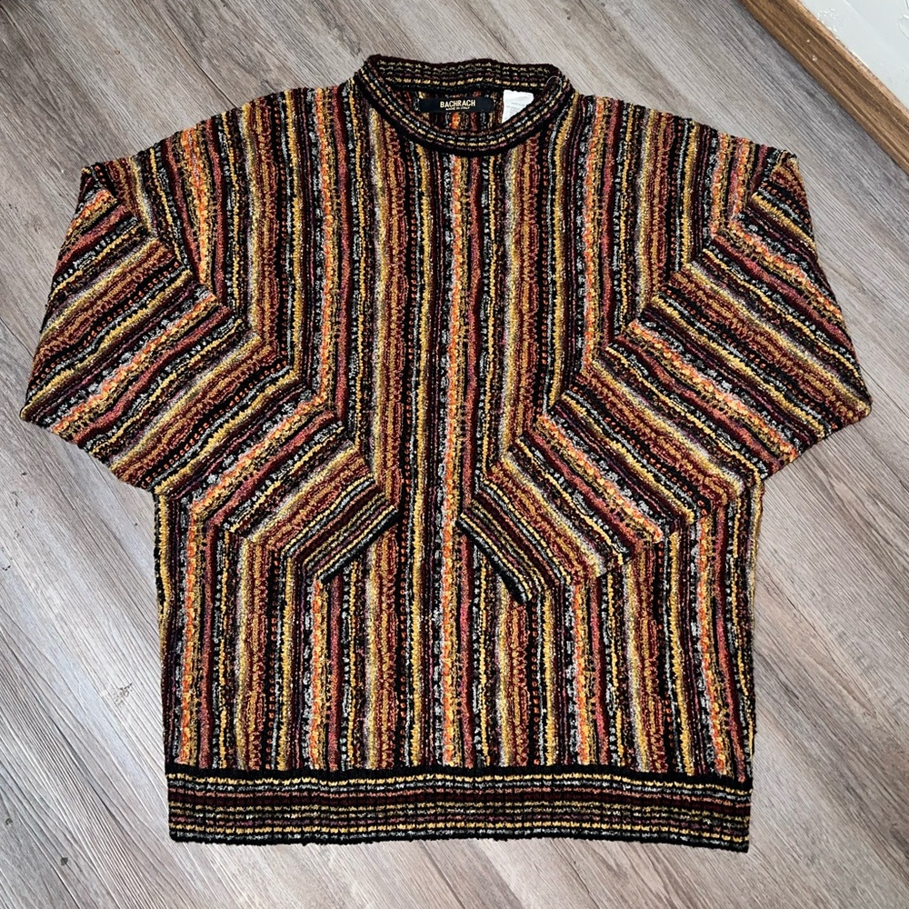 Vintage 1990s BACHRACH Med Coogi Style 3D Knit Pullover Sweater Yellow Orange